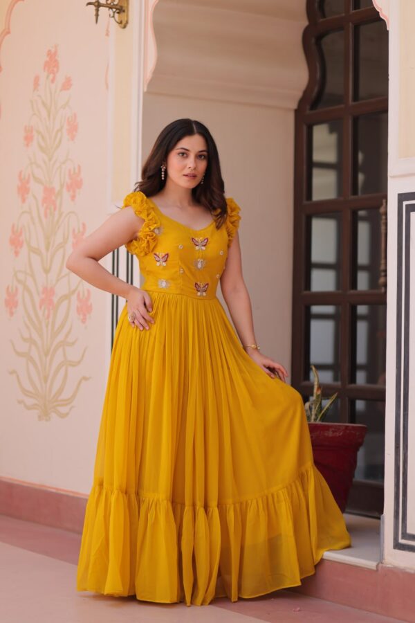 Women's Elegant Plum Purple Georgette Anarkali Gown with Butterfly Applique & Ruffle Sleeves – Festive & Special Occasion Wear - Image 3